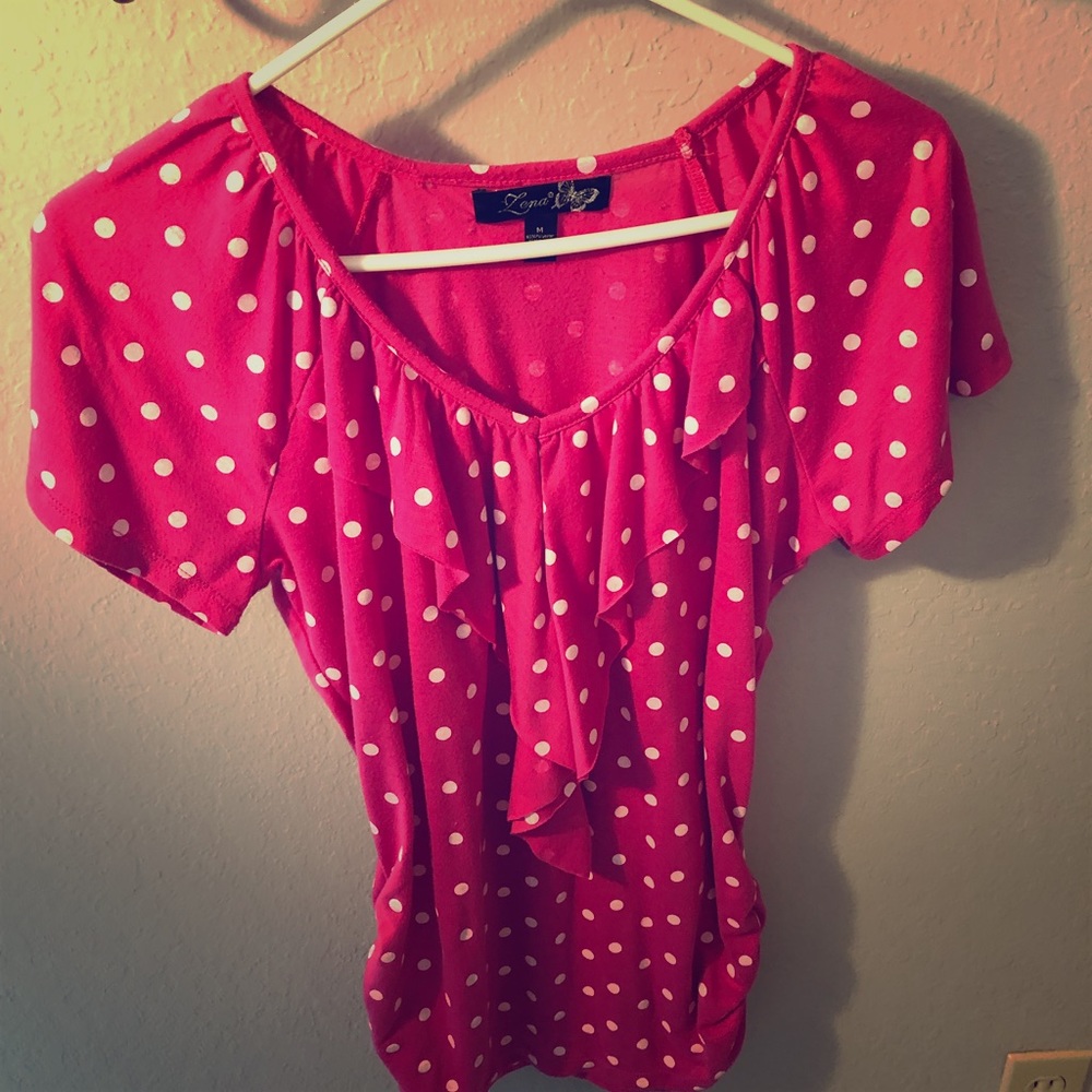 Pink polka dot blouse with ruffles